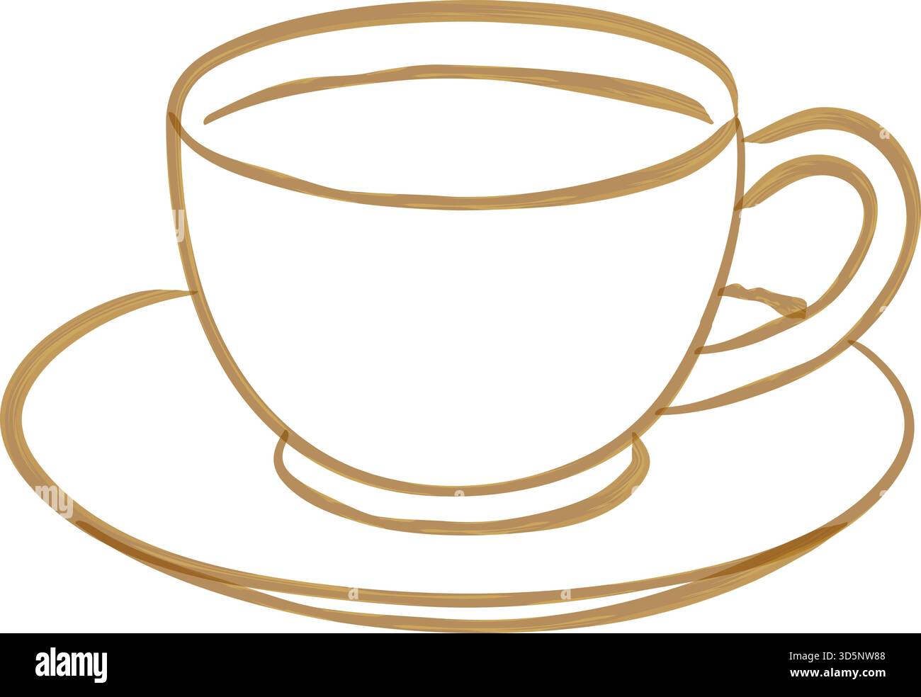 A delicate cup with curved handle resting on a saucer rendered in thin tan lines for menus and cafe graphics Stock Vector