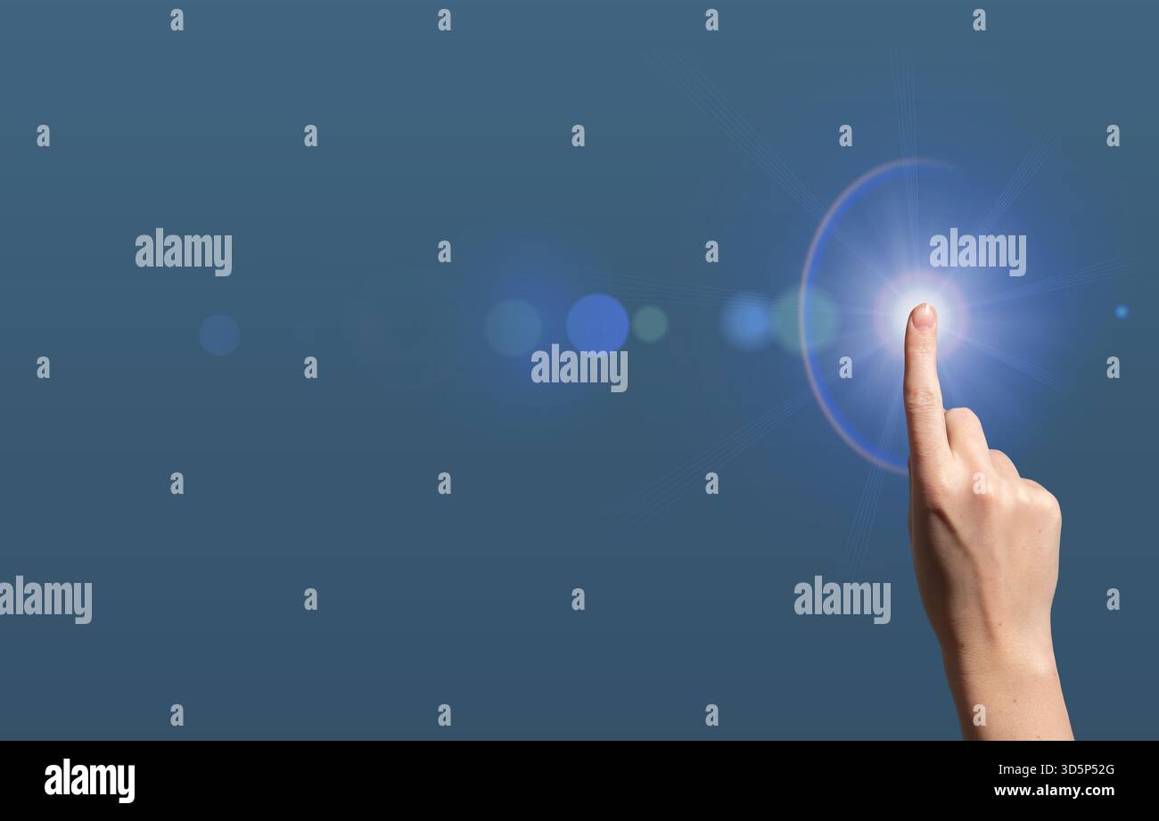 Digital innovation concept. Hand touching glowing blue interface symbolizing intelligence, connection, and progress, abstract futuristic design repres Stock Photo