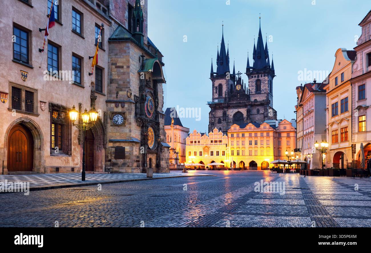 Prague - Old Town Square, Famous Astronomical Clock and Tyn church's tower, Czechia Stock Photo