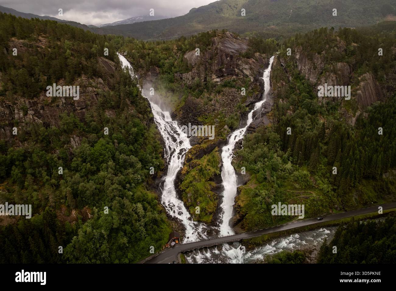 Aerial view of the majestic twin waterfalls cascading down rugged ...