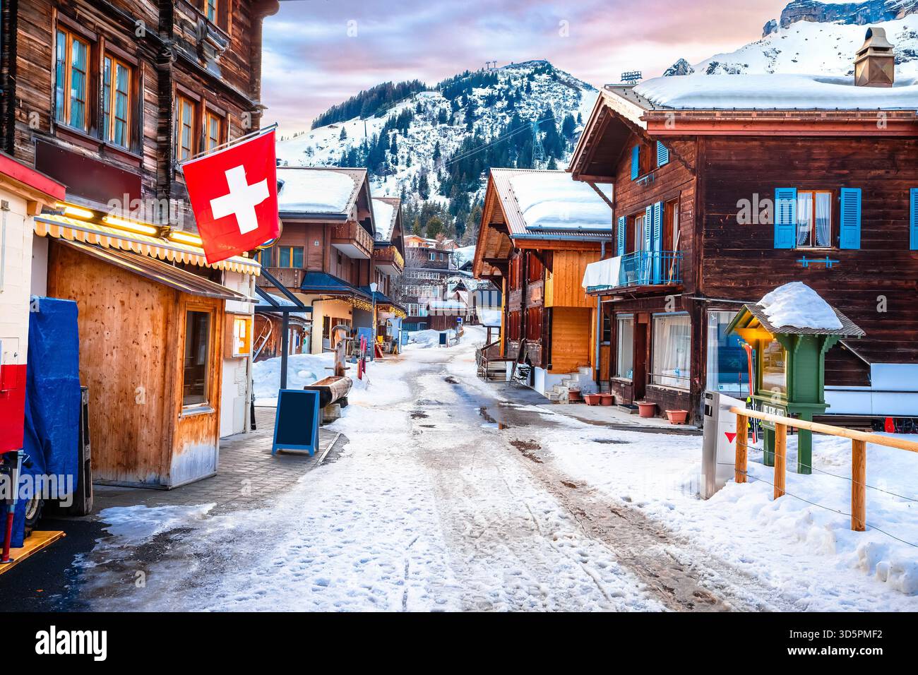 Idyllic Alpine village of Murren snowy street view, Berner Oberland region of Switzerland Stock Photo