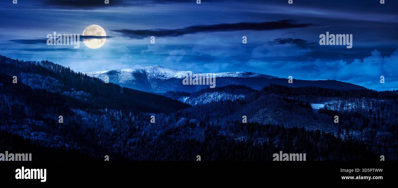 panorama of distant mountain ridge with snowy top at night. beautiful forested rolling hill of a countryside in front in full moon light. backdrop for Stock Photo