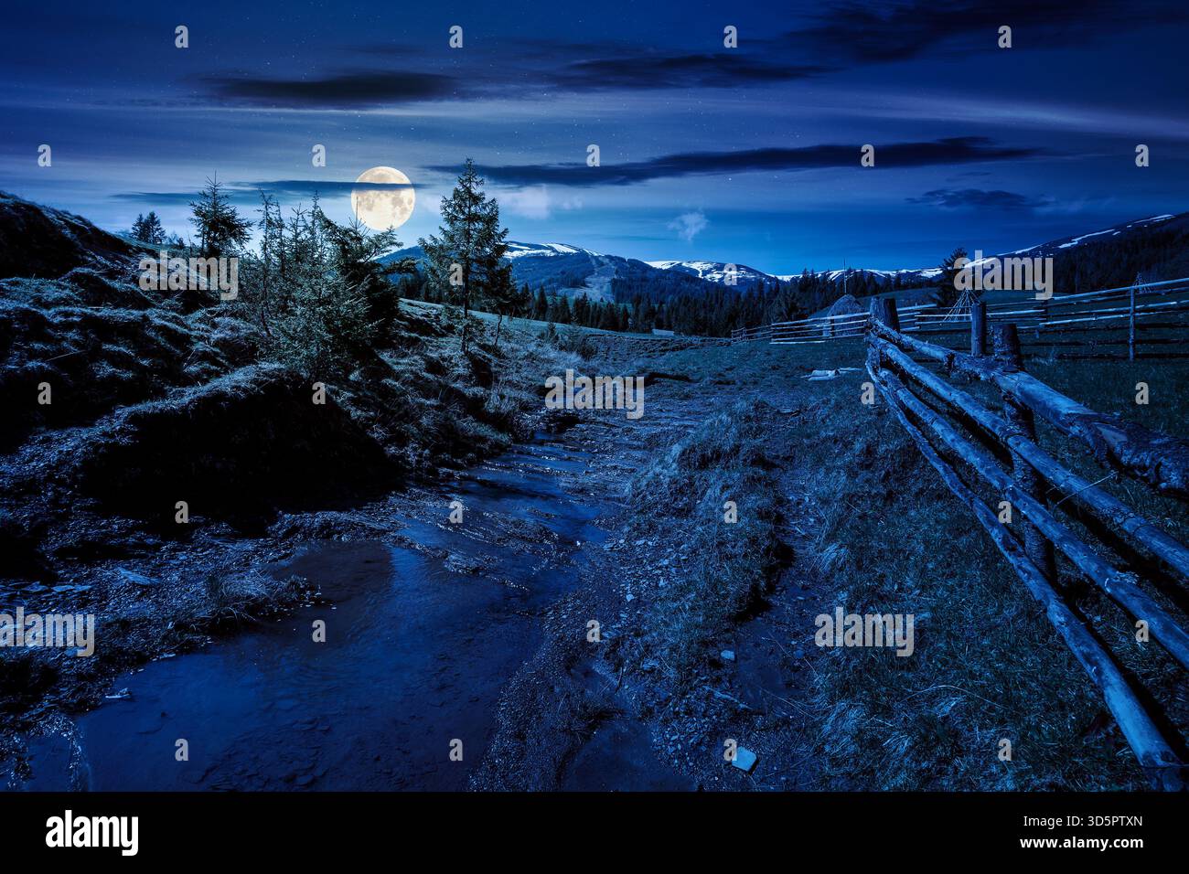 rural scene of mountain landscape in spring at night. mysterious countryside with forested hills in full moon light. beautiful valley sustainable deve Stock Photo
