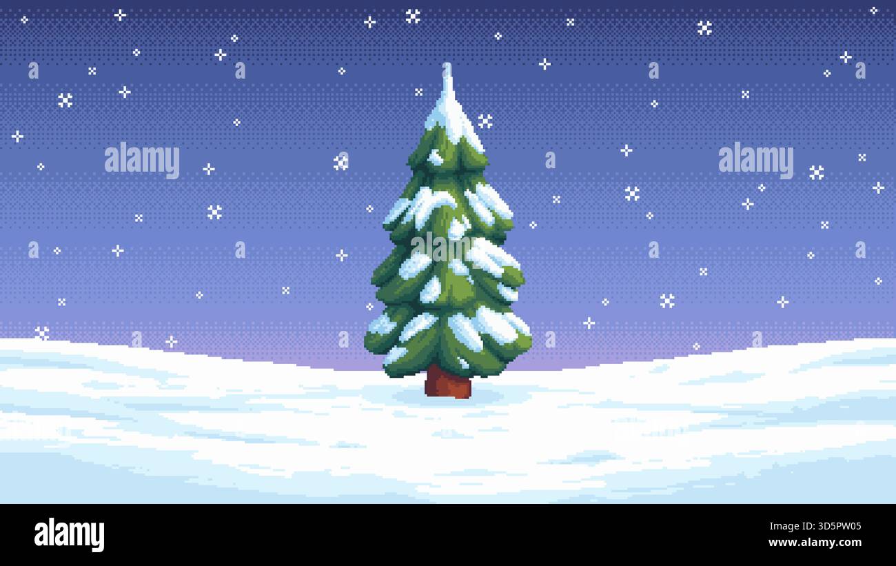Pixel art winter tree in snowy landscape Stock Vector
