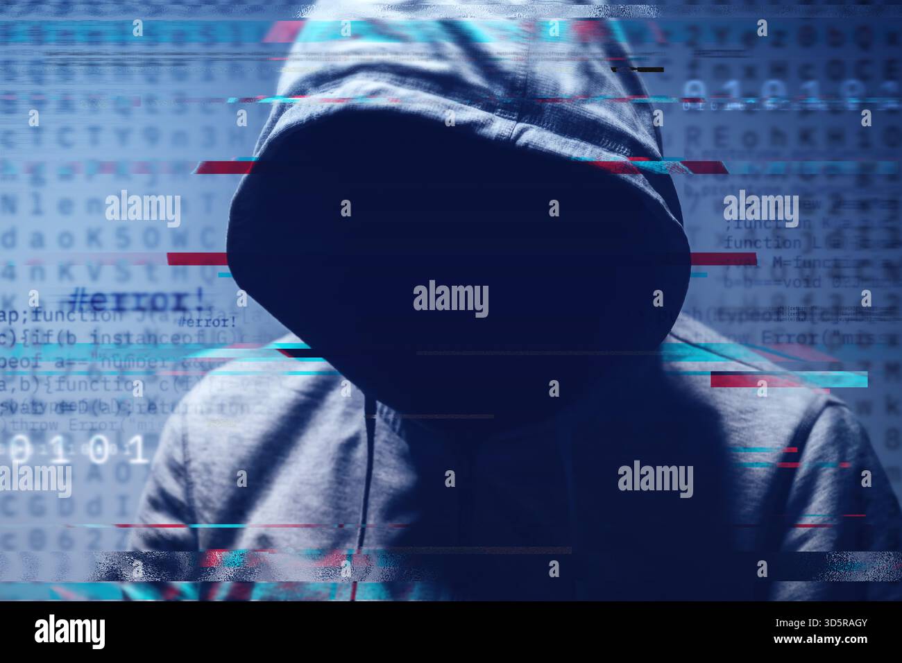 Faceless hooded hacker surrounded by digital computer code and binary digits, concept of cybercrime, data breach, and online security. Selective focus Stock Photo