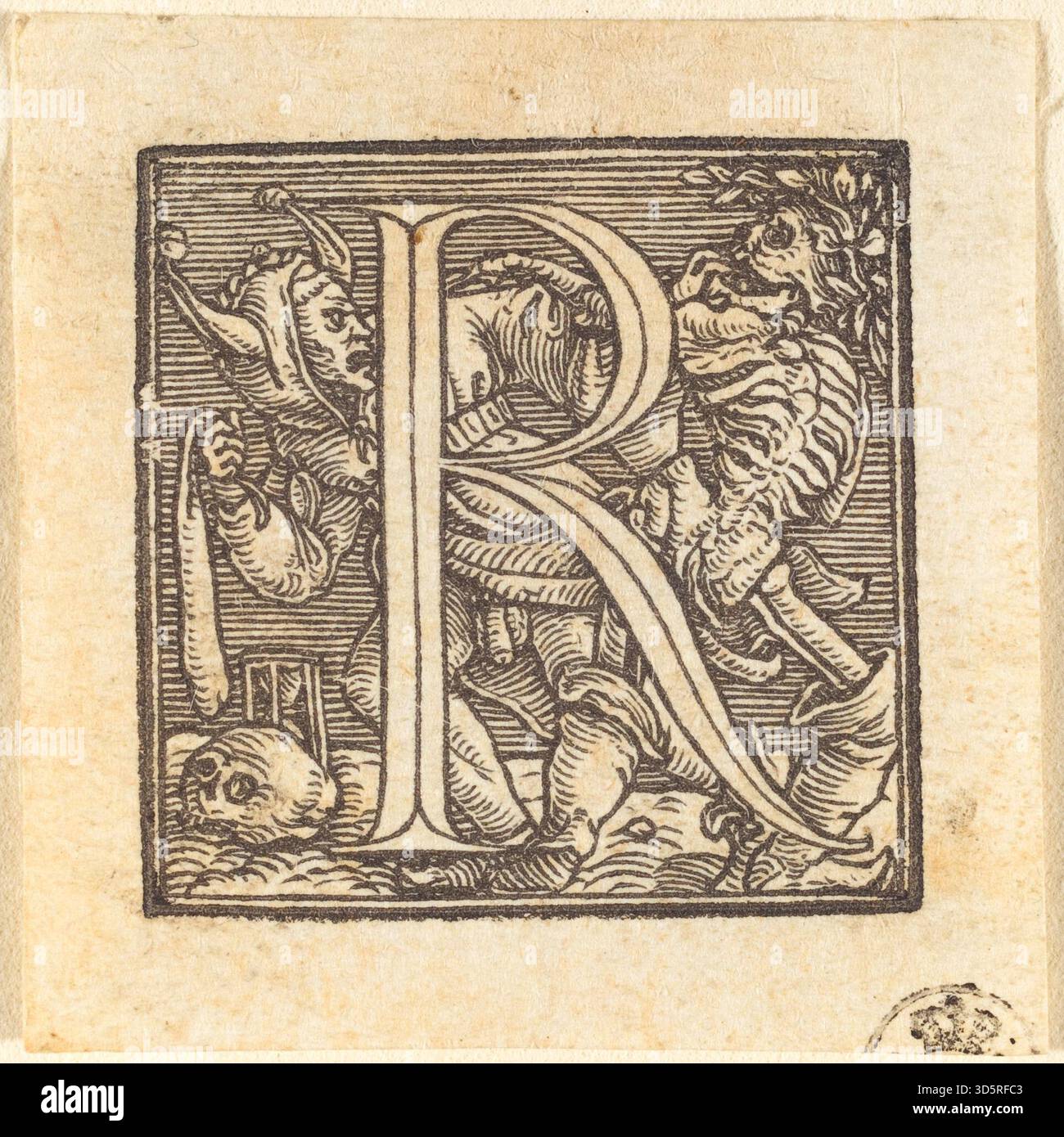 Calligraphy R Renaissance A decorative letter 'R' designed by Hans Holbein the Younger, showing ...