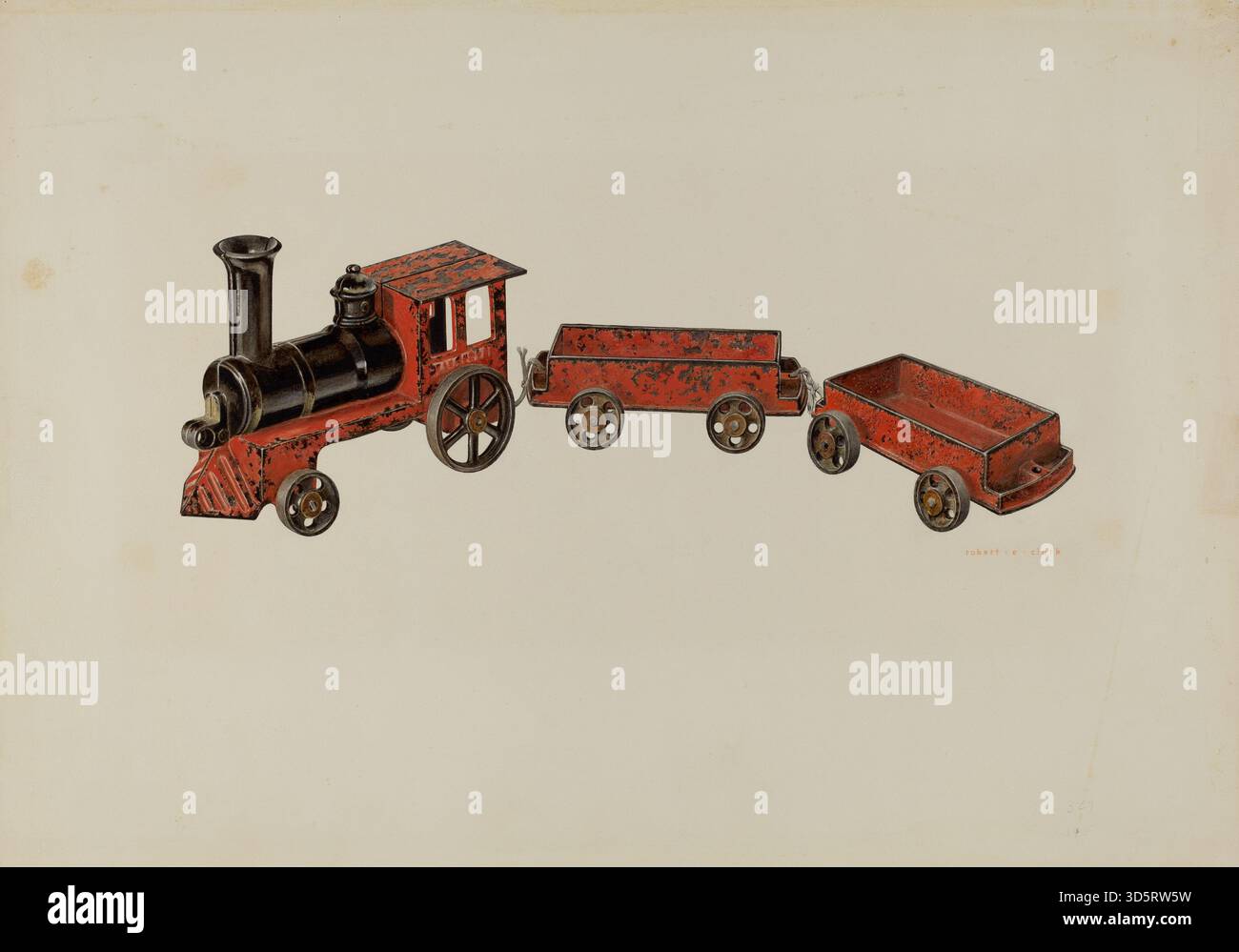 Depicts a toy train showing locomotive, carriages, wheels, tracks ...
