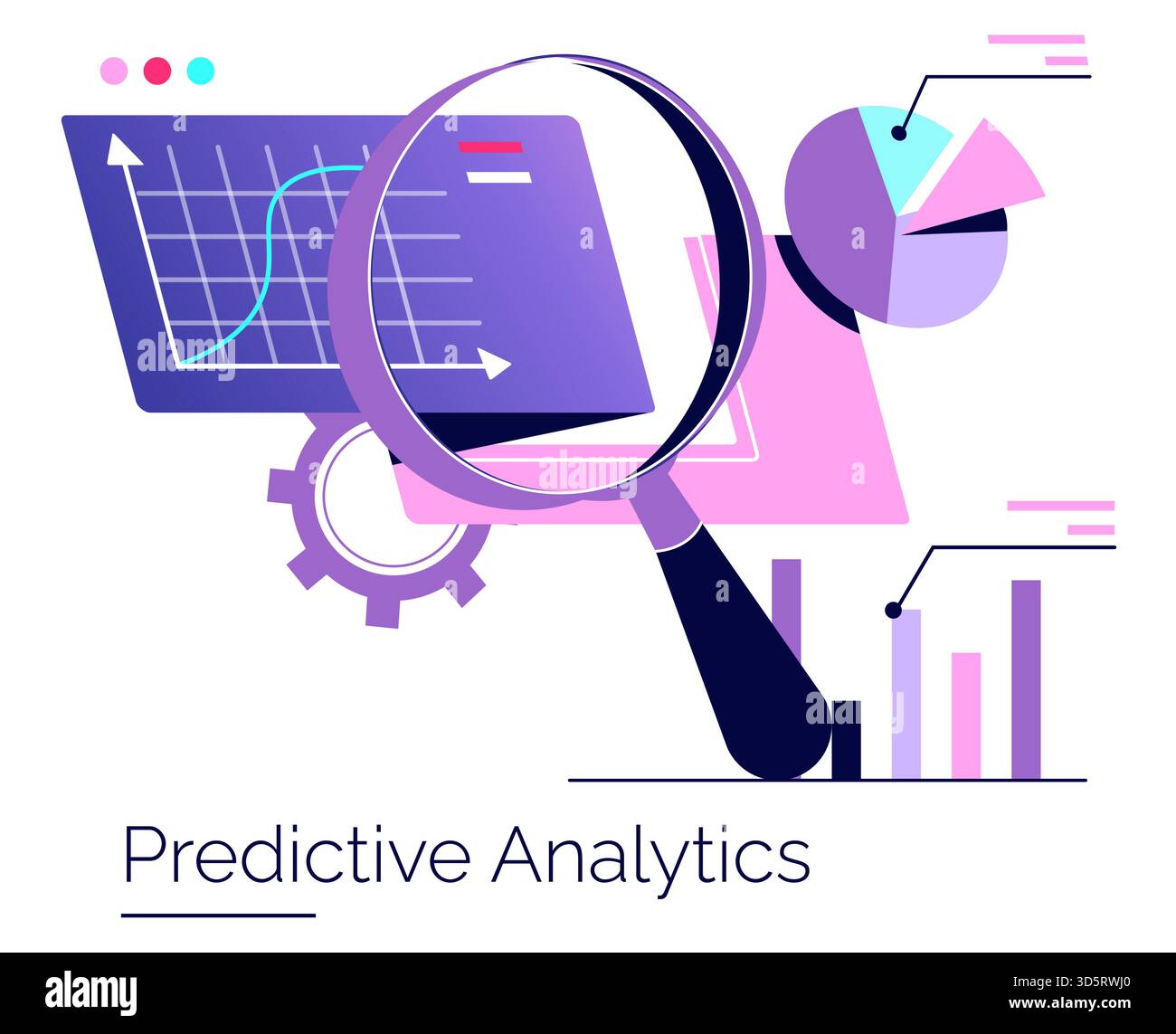 Predictive analytics vector illustration featuring magnifying glass highlighting data charts, graphs, and pie chart analysis. Ideal for data science, business intelligence, and forecasting themes. Stock Vector