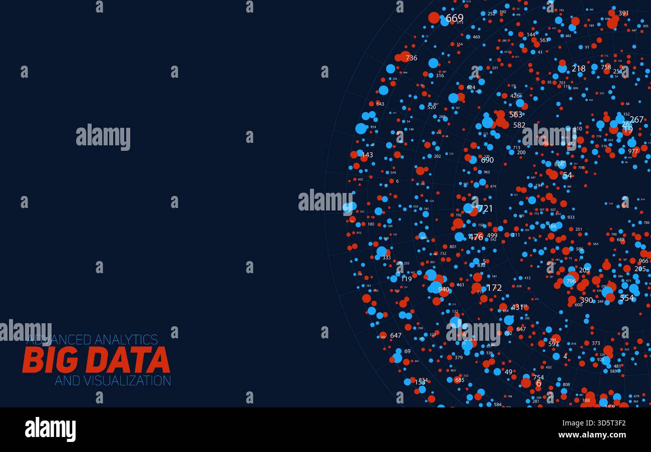 Round big data information visualization. Social network, financial analysis of complex databases. Visual information complexity clarification Stock Vector