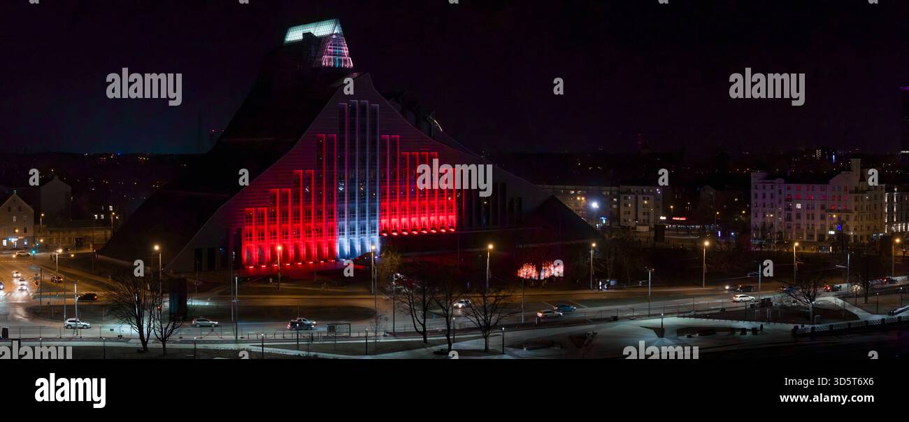 Red Light Riga National Library of Latvia lit in red and white during night festival ...