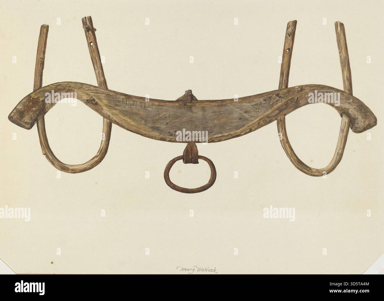 This circa 1938 oxen yoke by Henry Waldeck is a wooden and metal