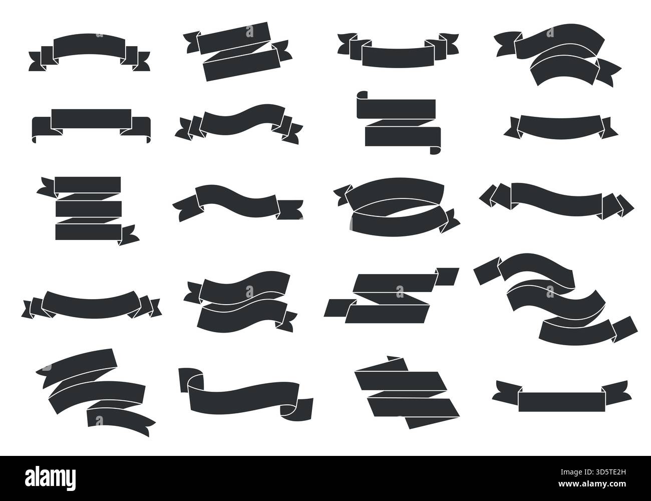 Black ribbon banners. Curved empty ribbon stickers for celebration ...