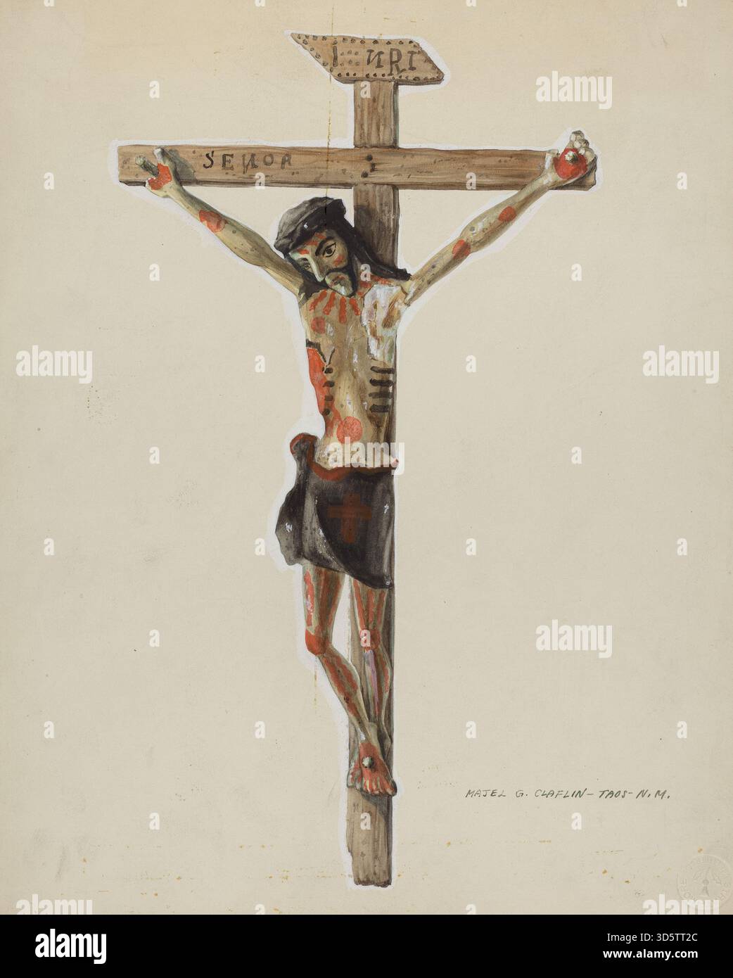 A circa 1939 painted wooden crucifix by Majel G Claflin, highlighting ...