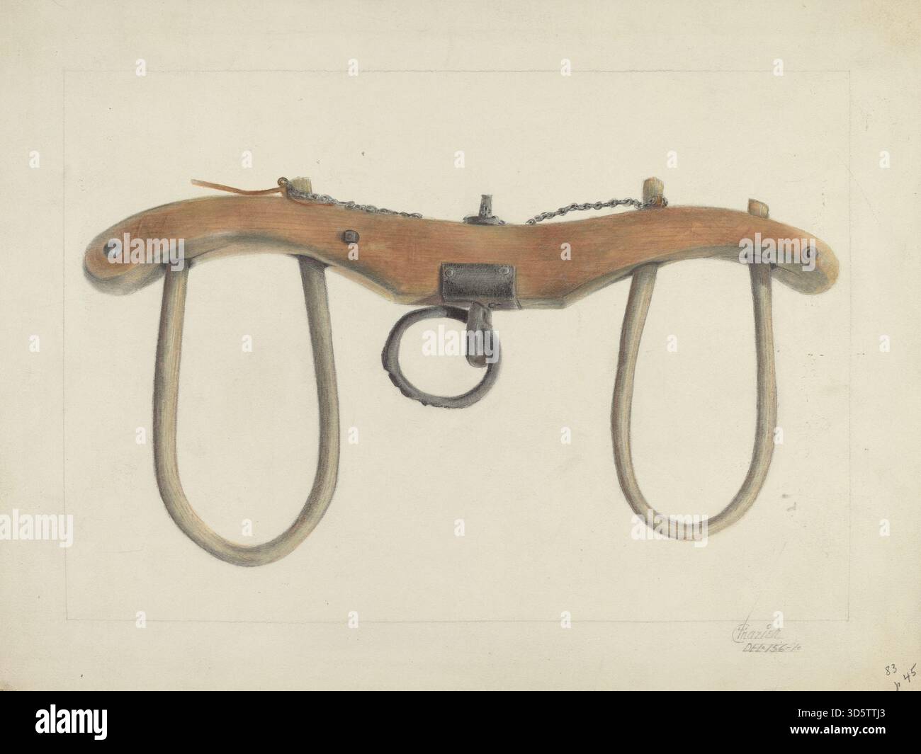 This oxen yoke by Cornelius Frazier, circa 1936, is a wooden beam used