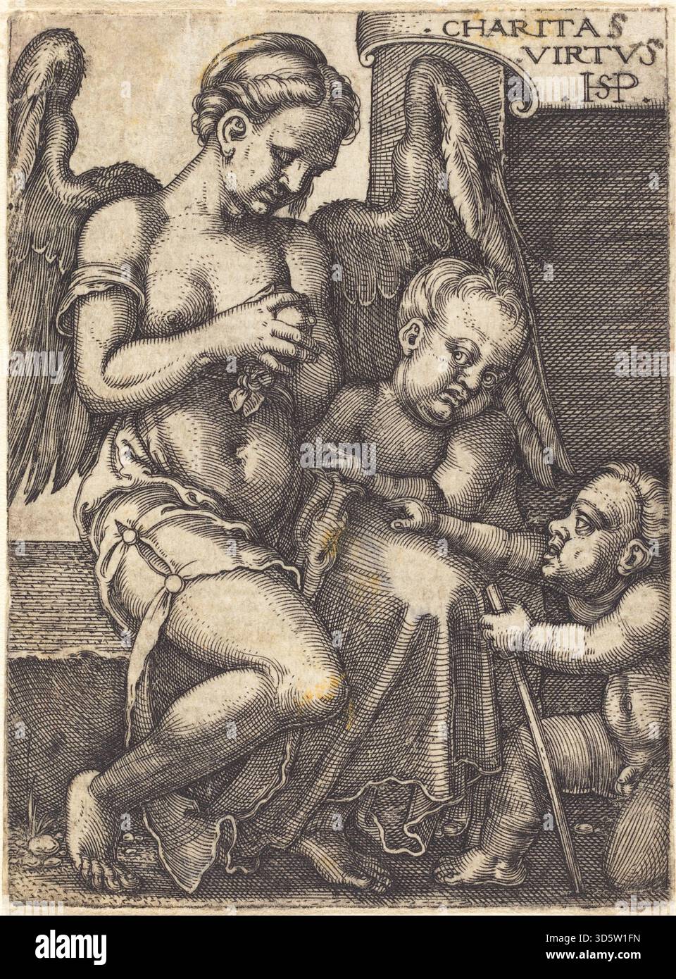 Sebald Beham’s engraving 'Charitas' depicts an allegorical figure ...