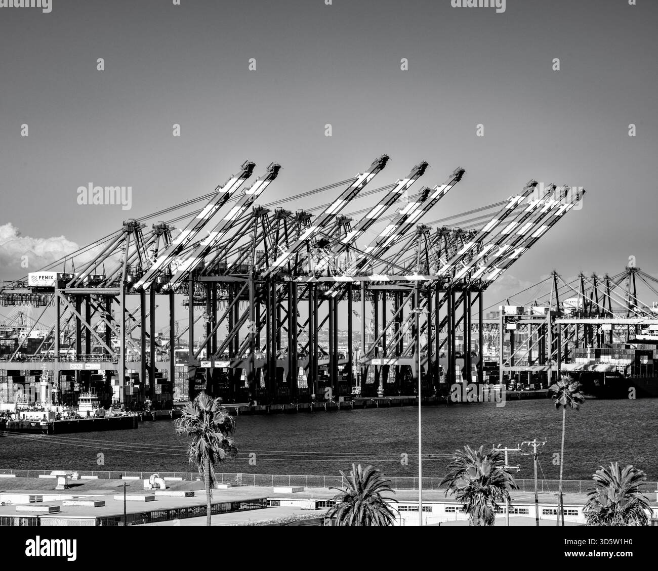 black and white image of industrial shipping container cranes Stock ...