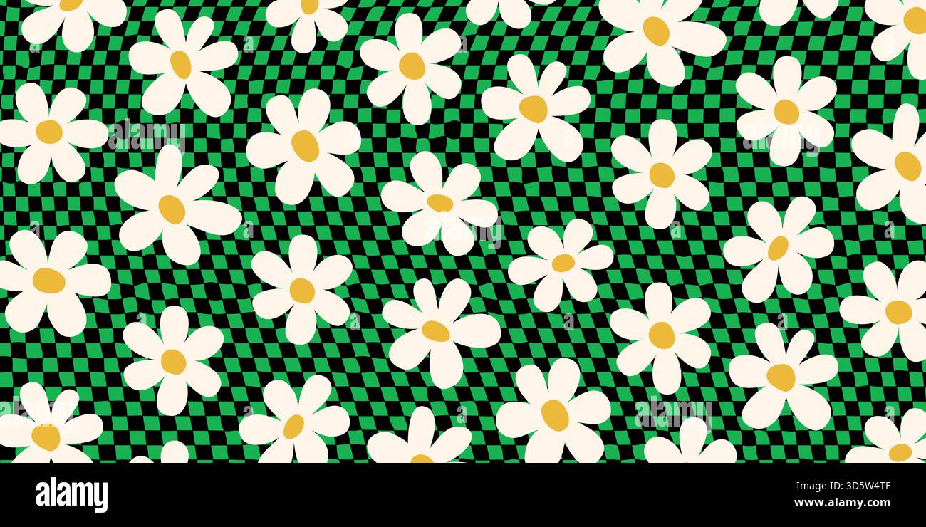 Daisy background with white flowers on green and black checkered pattern in groovy abstract style. Daisy and checkered pattern. Vector illustration Stock Vector
