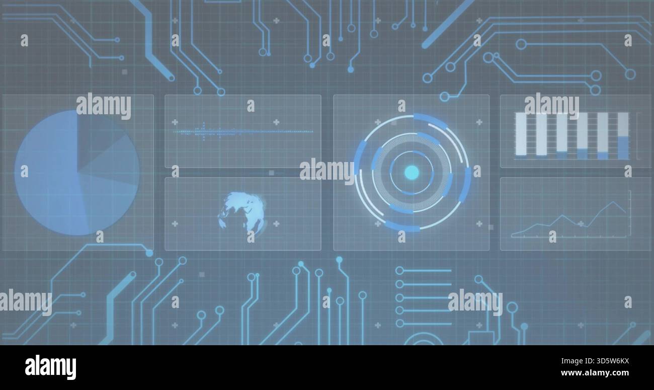 Displaying central concentric radar HUD pulsing on virtual control panel, with pie chart, bar chart Stock Photo