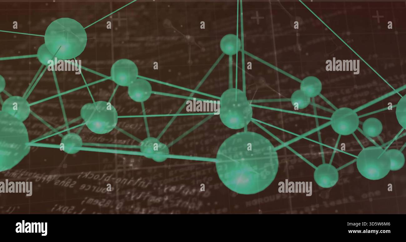 Displaying network forming 3D structure on dark backdrop with green nodes, cyan rods, blurred math Stock Photo