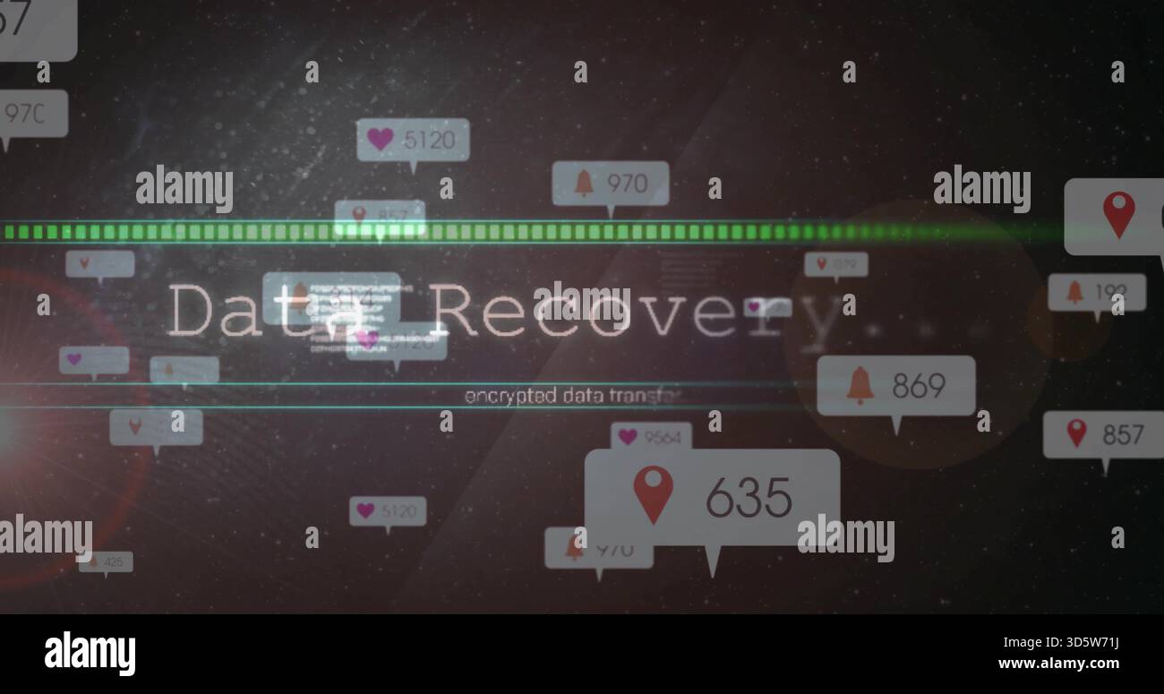 Displaying central Data Recovery UI in dark interface, showing green progress bar, alerts Stock Photo