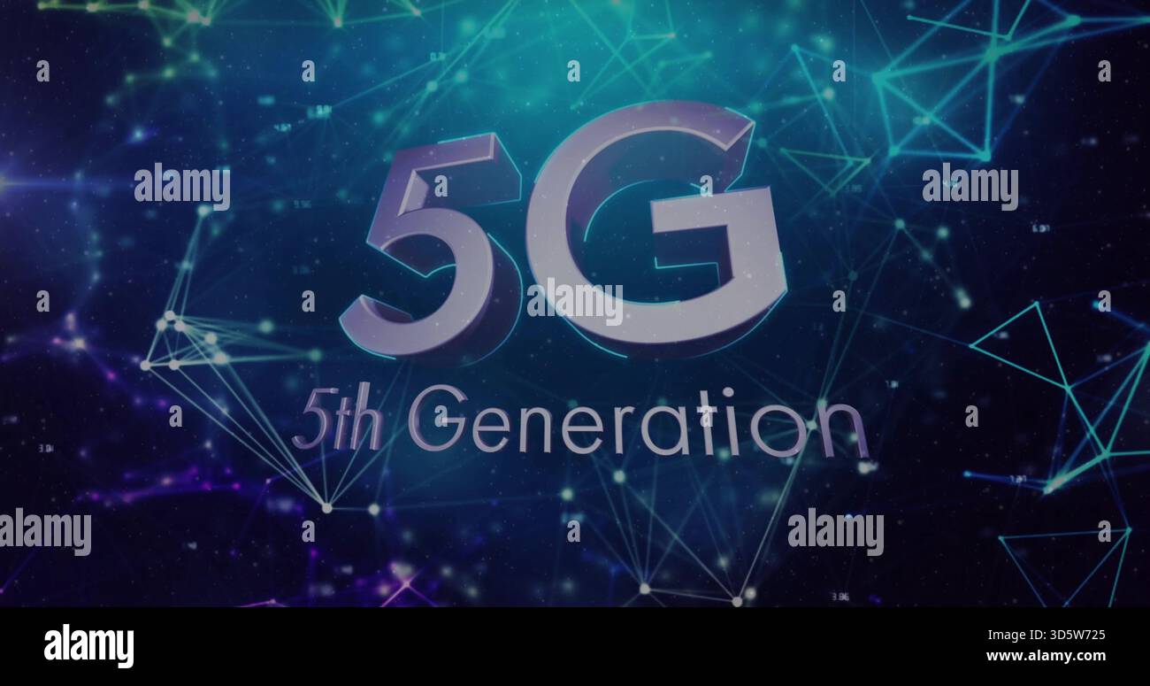 Displaying 3D 5G typography with 5th Generation subtitle centered in virtual space, glowing nodes Stock Photo
