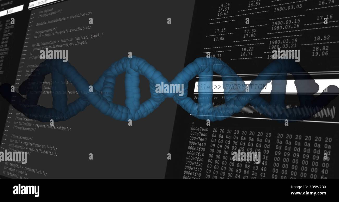 Displaying blue DNA helix across digital workspace featuring IDE hex dump FileENCRYPTION waveform Stock Photo