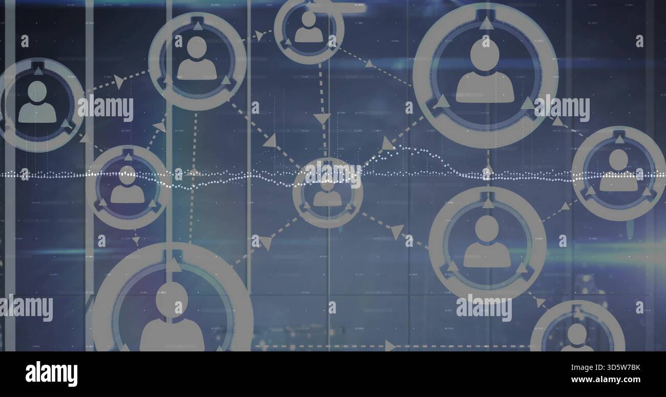 Displaying blue-toned network visualization on glass-panel display, with user nodes and arrows Stock Photo