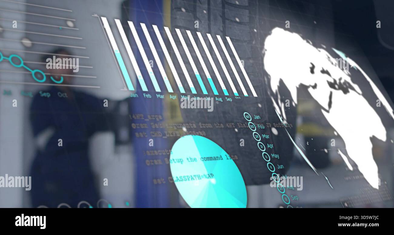Displaying glass data display at office showing bar pie line charts globe code keyboard reflection Stock Photo