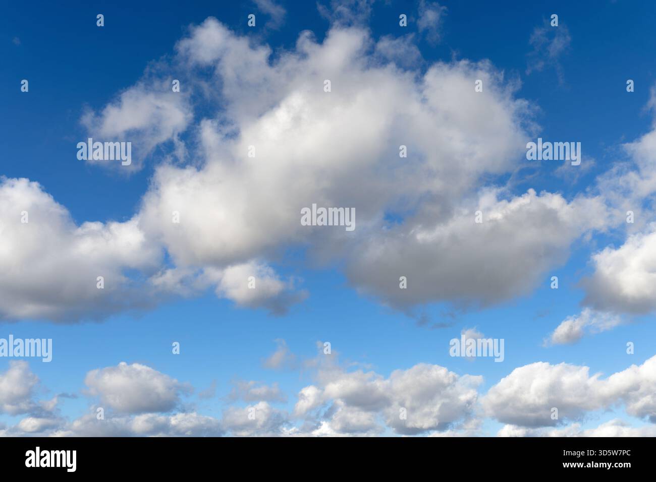 White cumulus clouds drifting across a blue sky Stock Photo