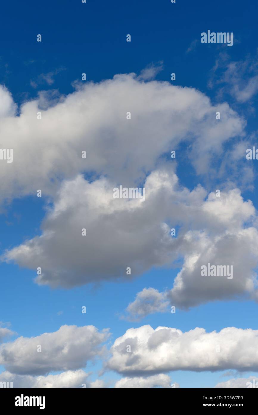White cumulus clouds drifting across a blue sky Stock Photo