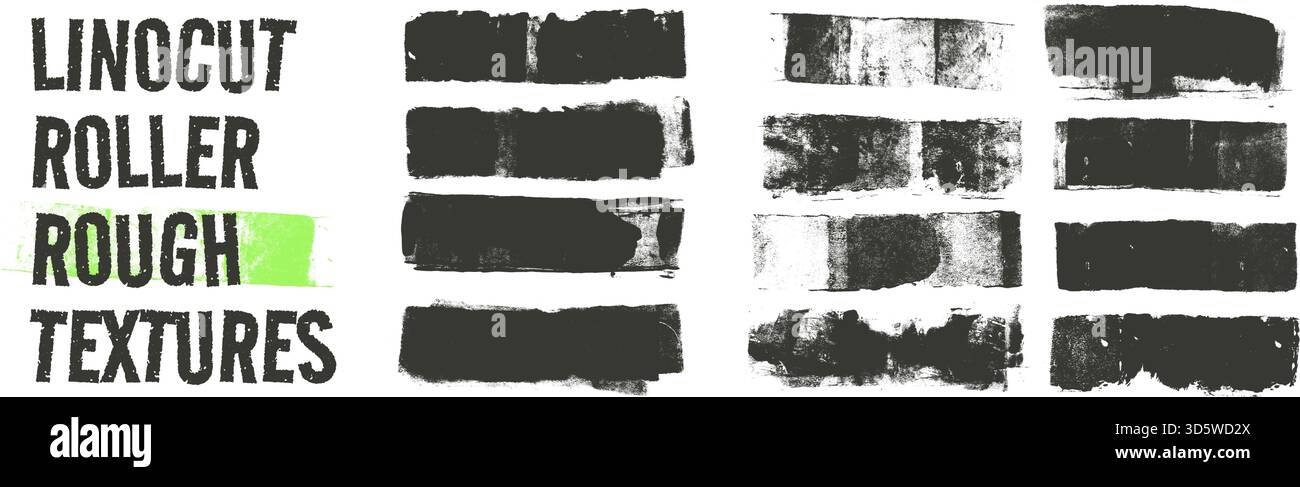 Set of linocut roller rough textures. Ink or paint brush strokes ...