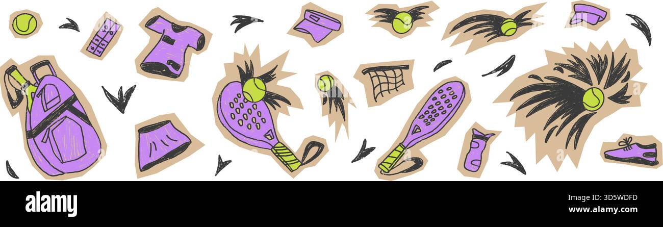 Padel tennis pencil drawn cutout stickers set. Racket, net, ball, sport ...