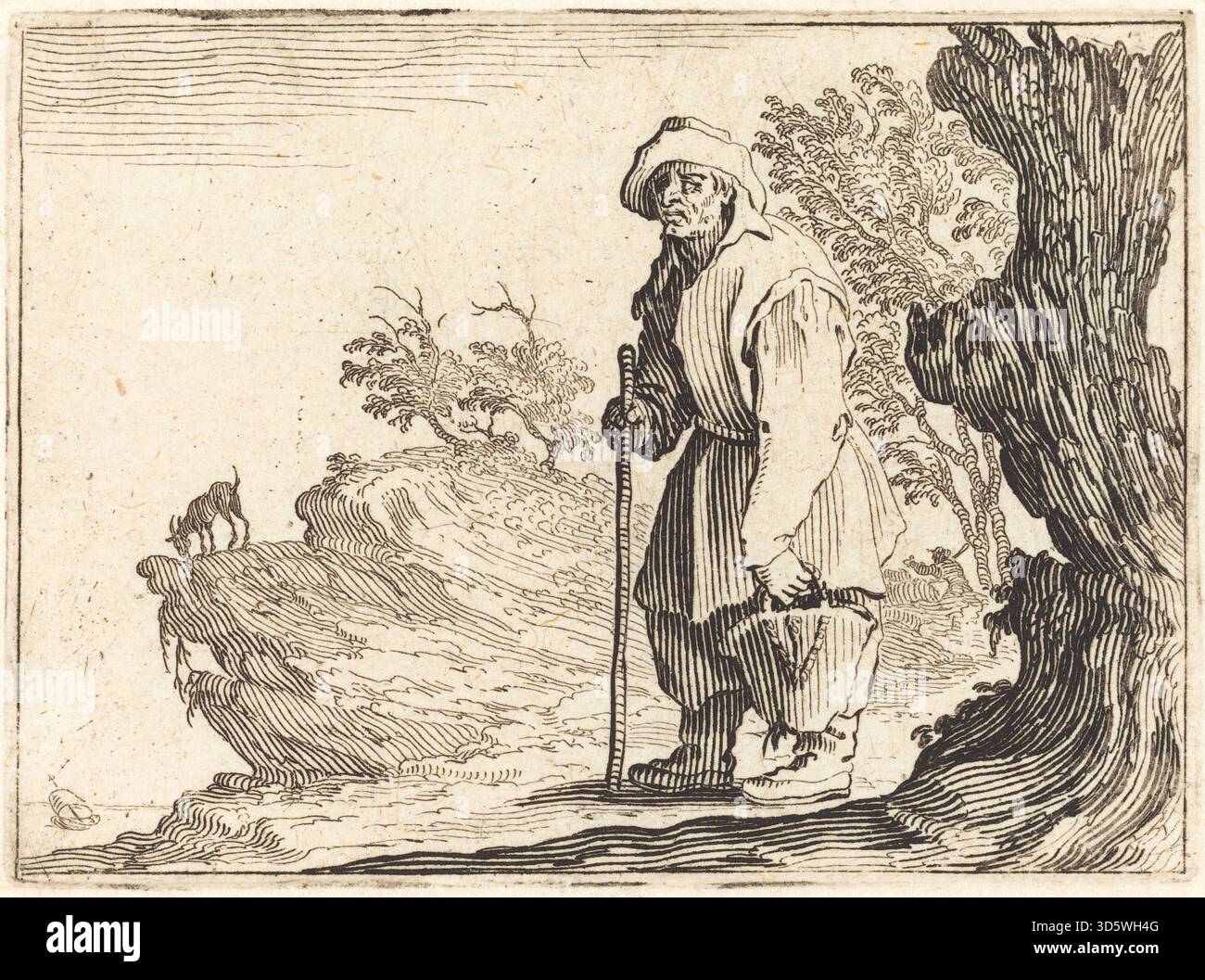 Etching by Jacques Callot circa 1622 depicting a peasant holding a sack ...