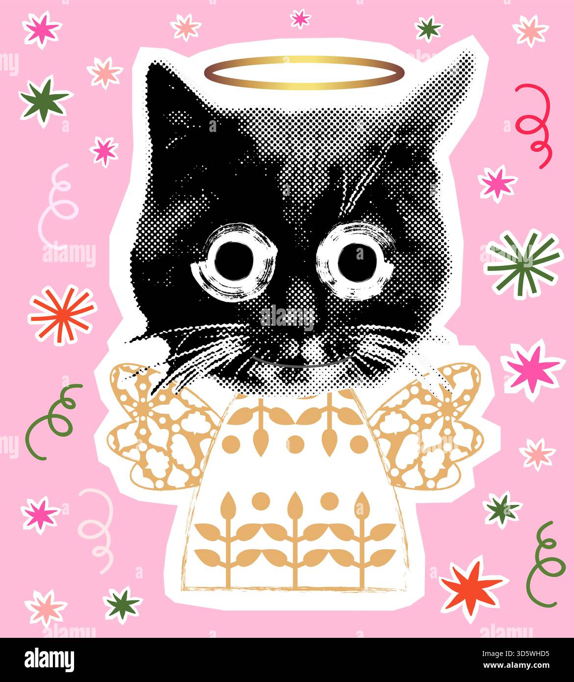 Funny black cat, comic vector angel kitty, fun Christmas holiday design ...