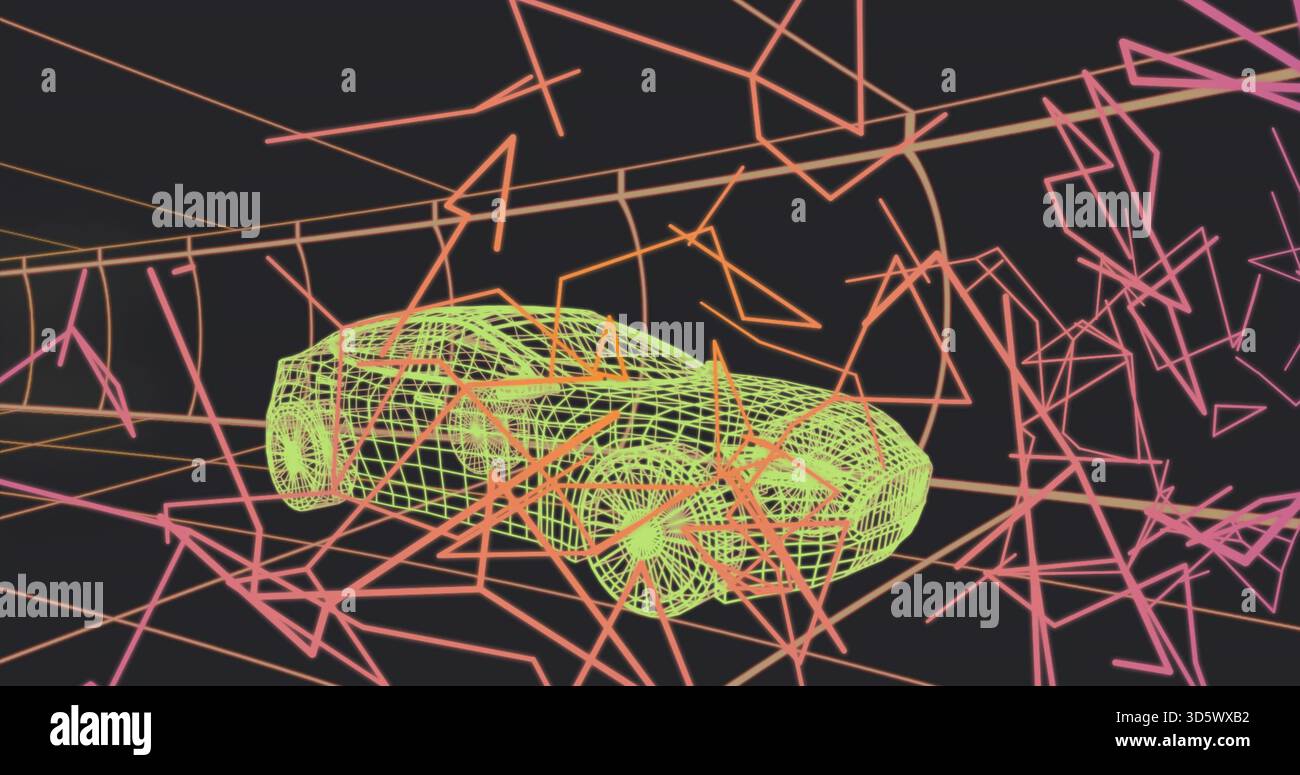 Rotating neon-green wireframe car model hovering in virtual studio, with pink magenta angular lines Stock Photo