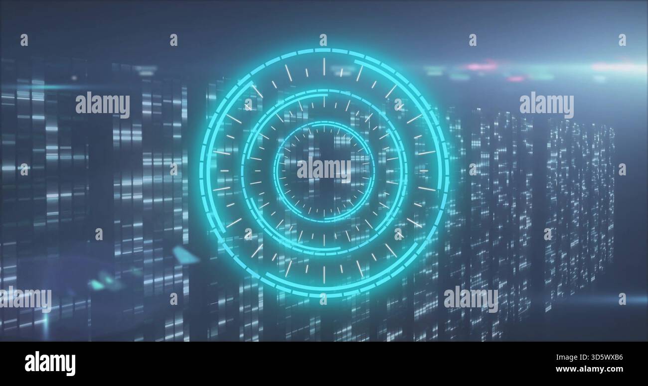 Rotating cyan holographic rings projecting inner grid over sci-fi light ...
