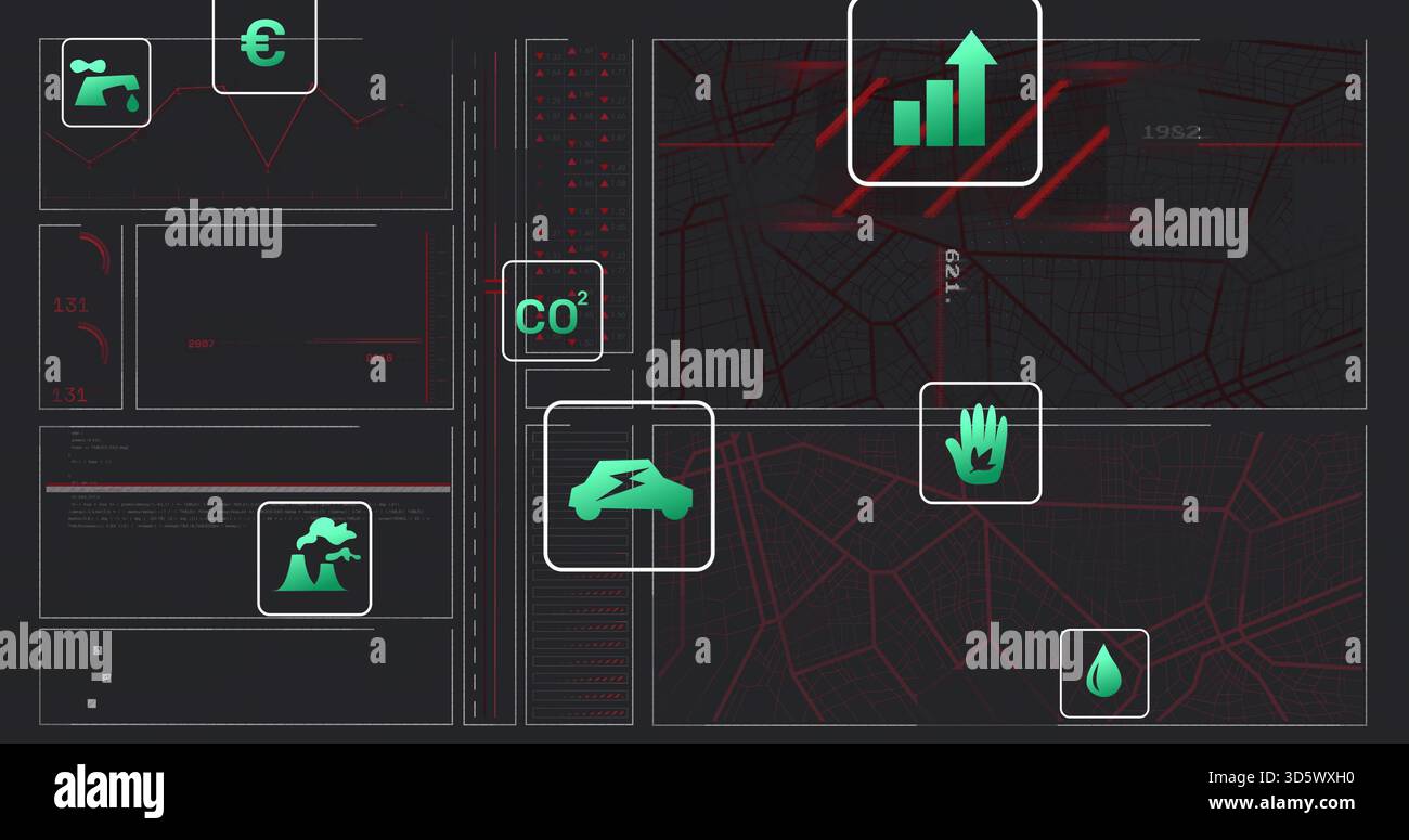 Displaying central dashboard panel showing urban data on dark GUI, featuring CO2, EV, red grids Stock Photo