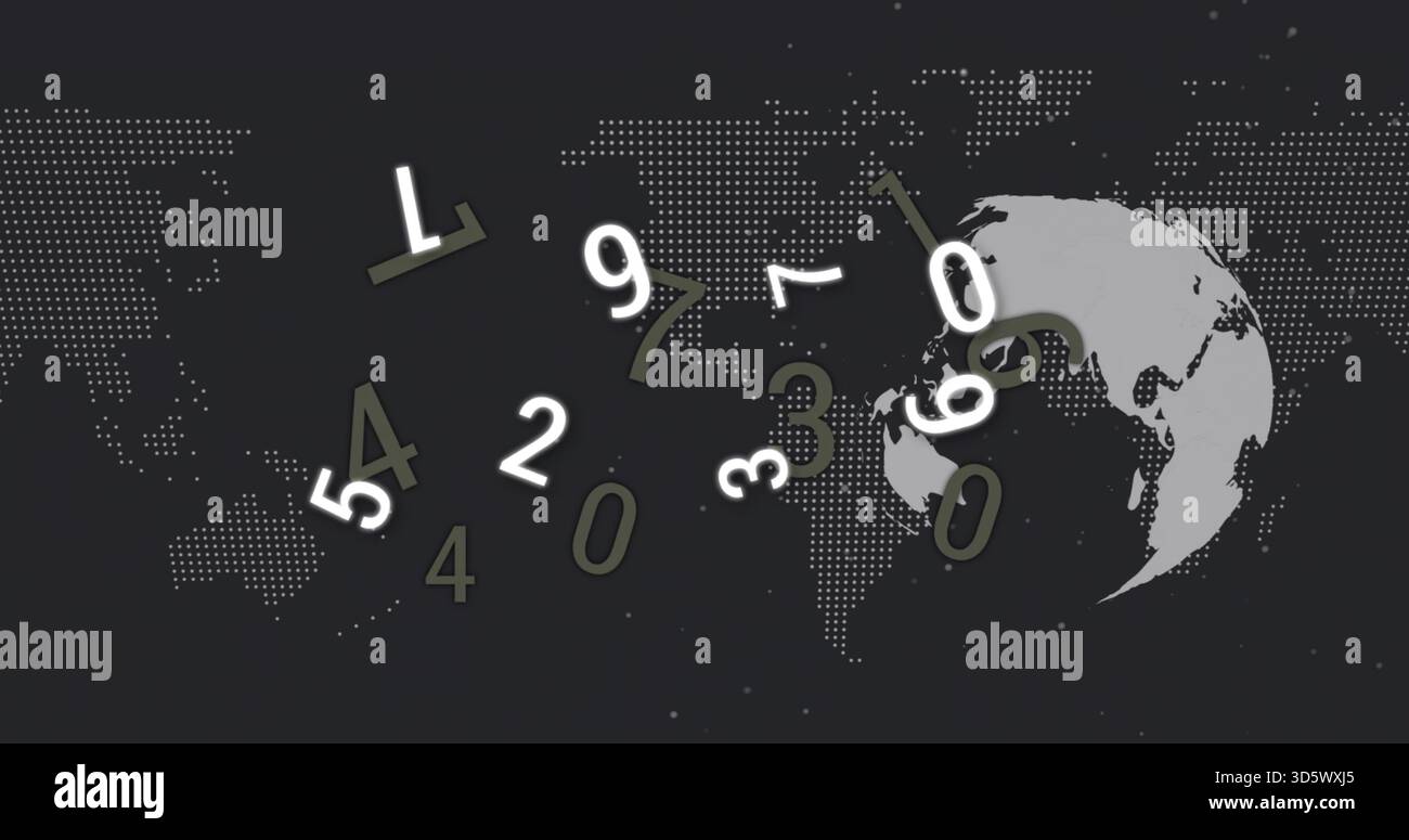Displaying floating numeric digits rotating across digital background, with globe silhouette Stock Photo
