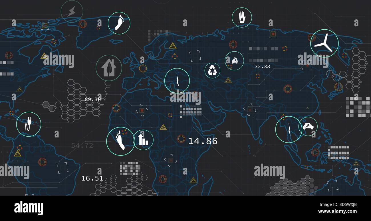 Displaying world map visualization overlaying global data on dark grid with circular markers, icons Stock Photo