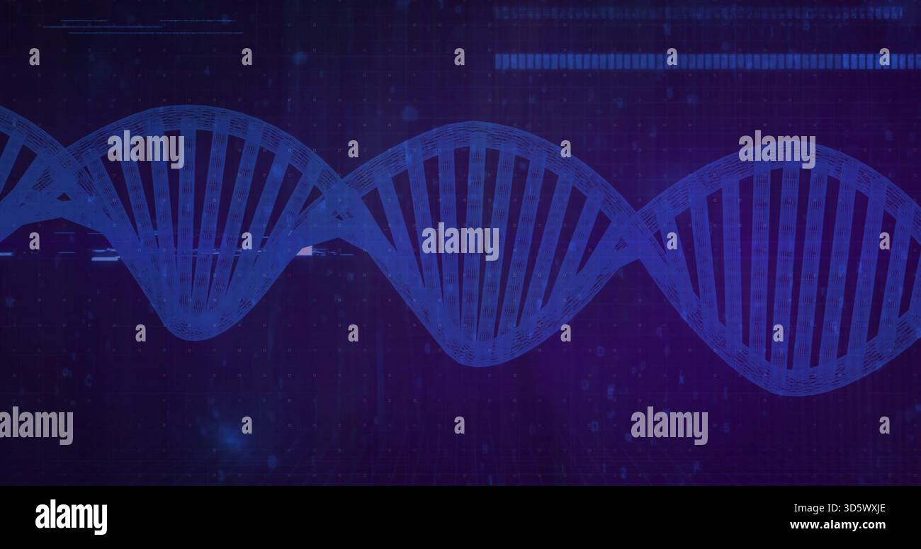 Displaying blue DNA double helix spanning abstract tech banner, showing mesh, grid, binary dots Stock Photo