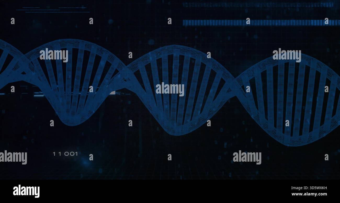 Displaying blue digital double helix graphic across dark scientific interface, with binary digits Stock Photo