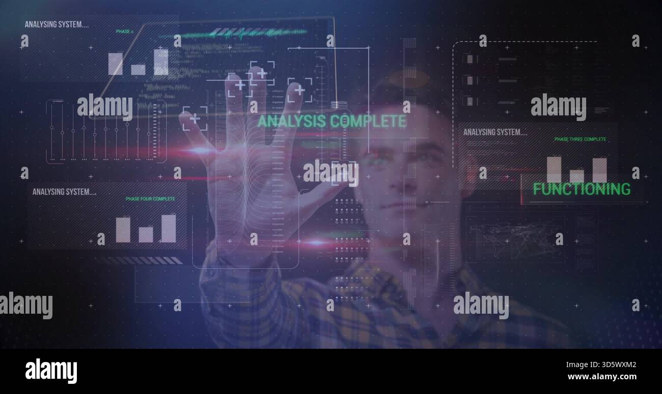Gesturing adult male touching holographic panels in dim lab, showing wireframe hand and plaid shirt Stock Photo