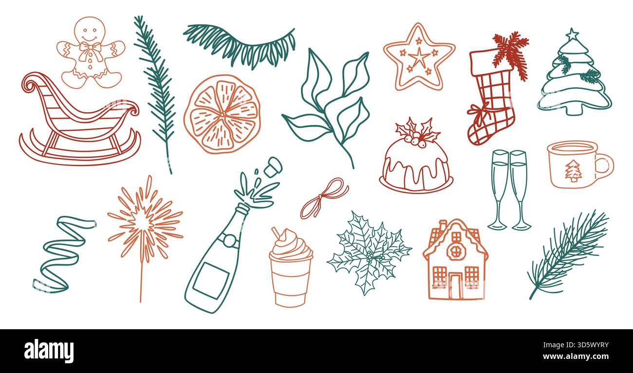 Set of hand drawn Christmas and winter doodles Stock Vector