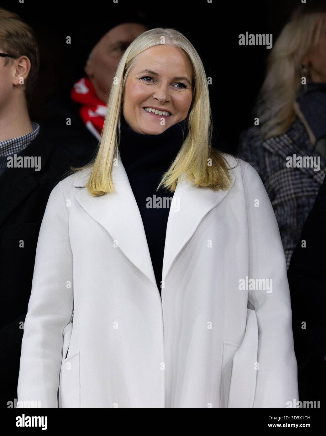 Mette-Marit, Crown Princess of Norway attending a football match in 2025 between Norway and Estonia in Oslo Stock Photo