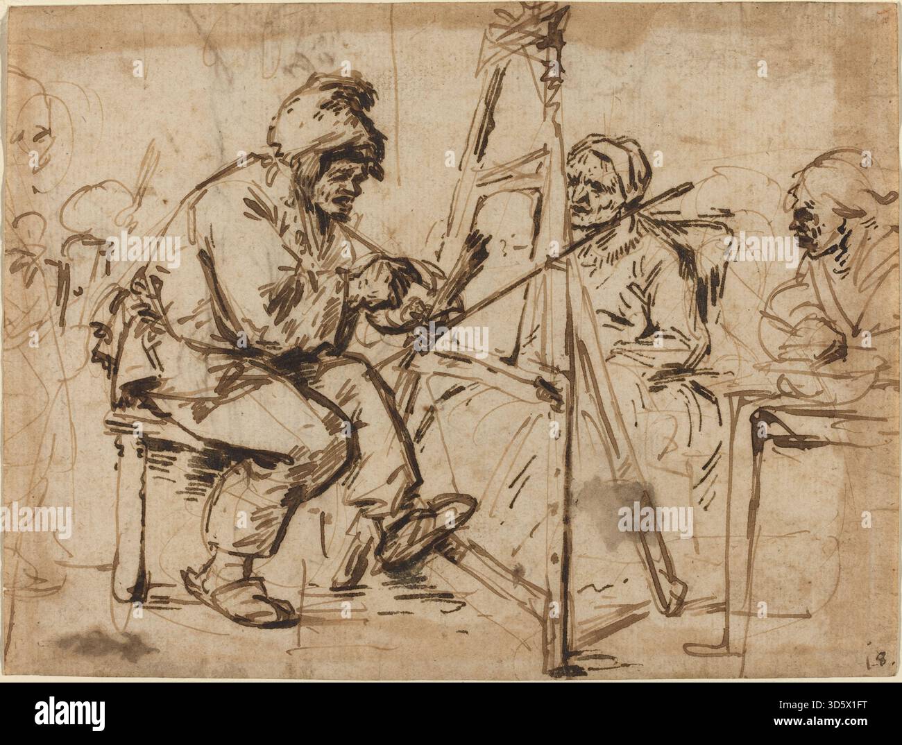 Depicts an artist seated at an easel painting, with detailed clothing ...