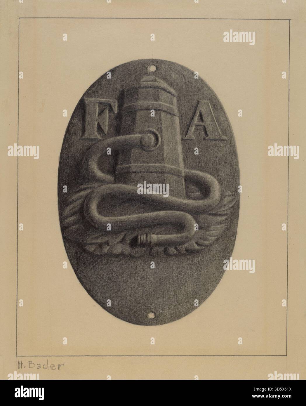 This 1937 firemark by Herman Bader is a cast metal object used ...