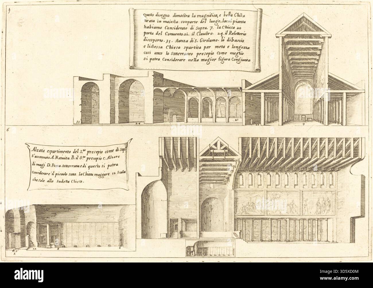 Multiple Churches A 1619 etching by Jacques Callot depicting elevations of multiple ...