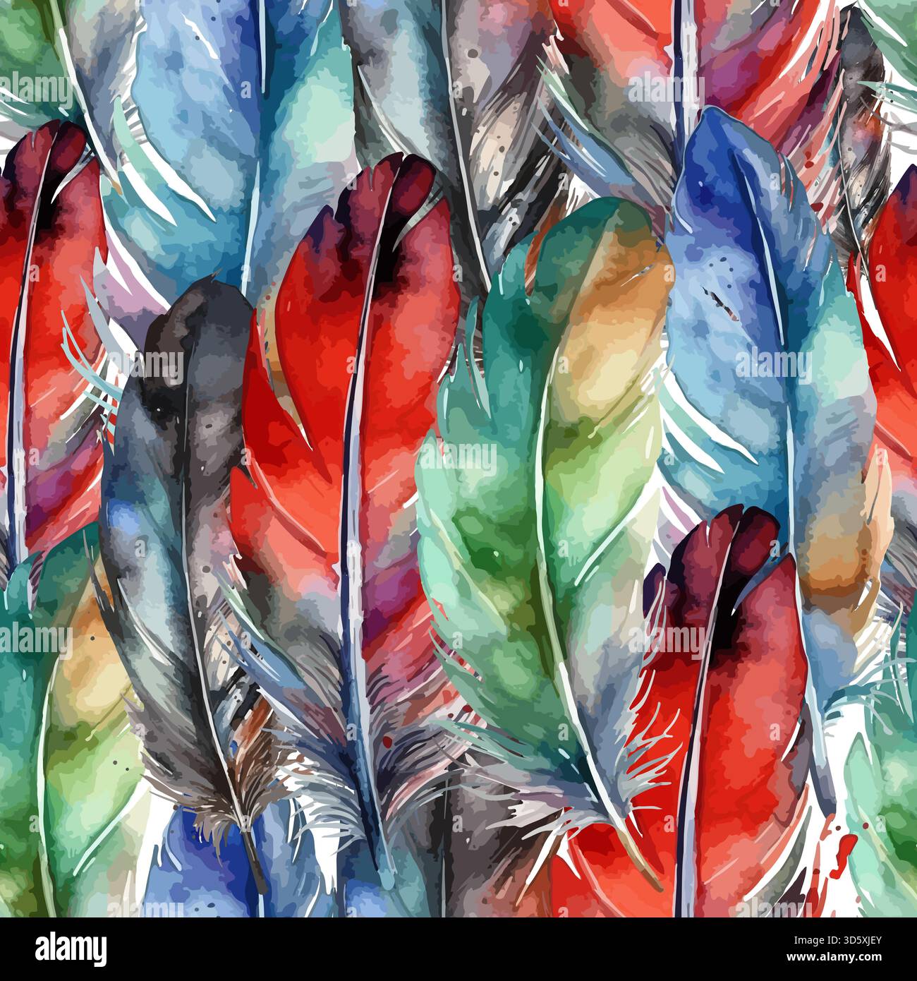seamless background feathers colored . hand drawing. Not AI, Vector illustration. Stock Vector