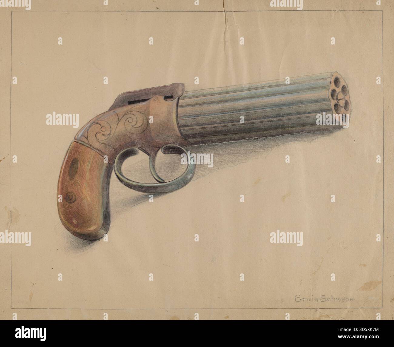 Depicts a revolving pistol, circa 1936, highlighting design, barrel ...