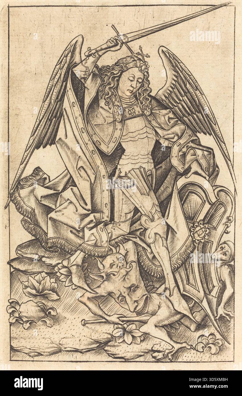 An engraving by Israhel van Meckenem showing Saint Michael, depicting ...